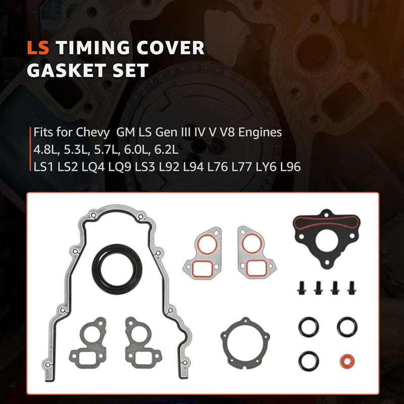 CHARMKER Timing Cover Gasket Set & Camshaft Retainer Plate Gasket Fits 4.8L 5.3L 5.7L 6.0L 6.2L LS Gen III IV V Engine - LS1 LS2 LQ4 LQ9 LS3 L92 L94 L76 L77 LY6 L96 Replace# TCS45993 12633904 12589016 - Image 2